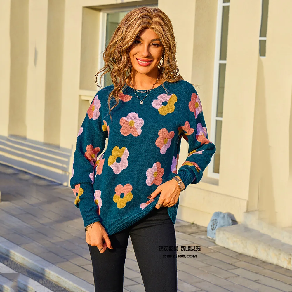 

2025 Autumn and Winter Women's Sweater Flower Color Bundle Long Sleeve Round Neck Sweater Fashion Base Shirt