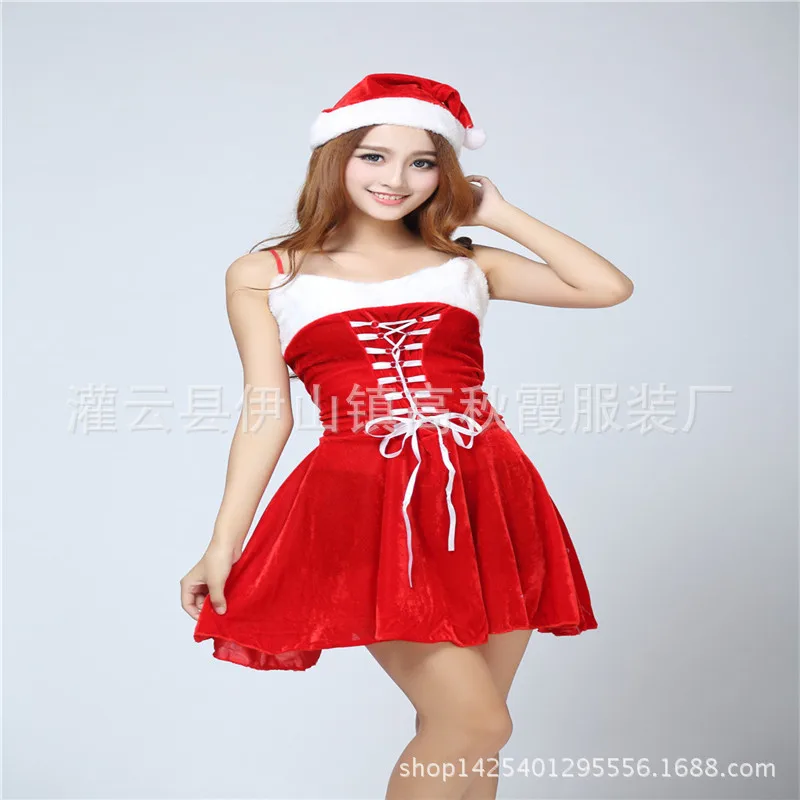 Costume de Noël classique avec gants en velours doré, vêtements de performance sur scène, robe rouge sexy, nouvel an