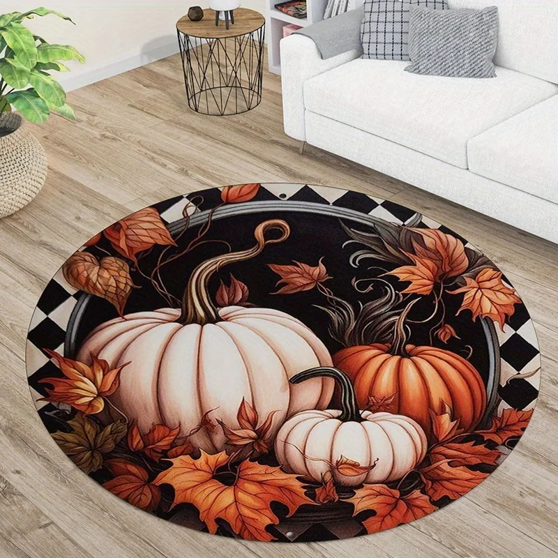Newest 2D Round Carpet Autumn Pumpkin Maple Leaf Fall Round Rug Various Pattern Non Slip Harvest Farm Living Room Carpet