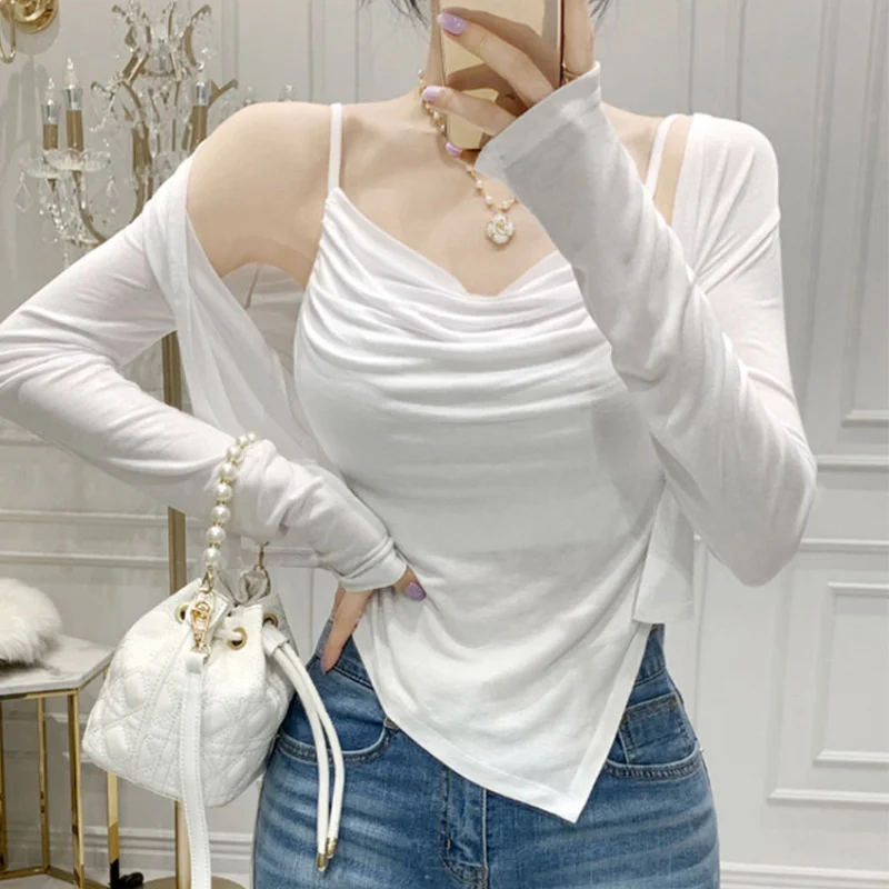 

Korea New WOMENGAGA Slim Sexy Body Elegant Pleated Strap+Thin Cardigan Two Piece Shirt Top Sweet Fashion Women Blouse 8R62