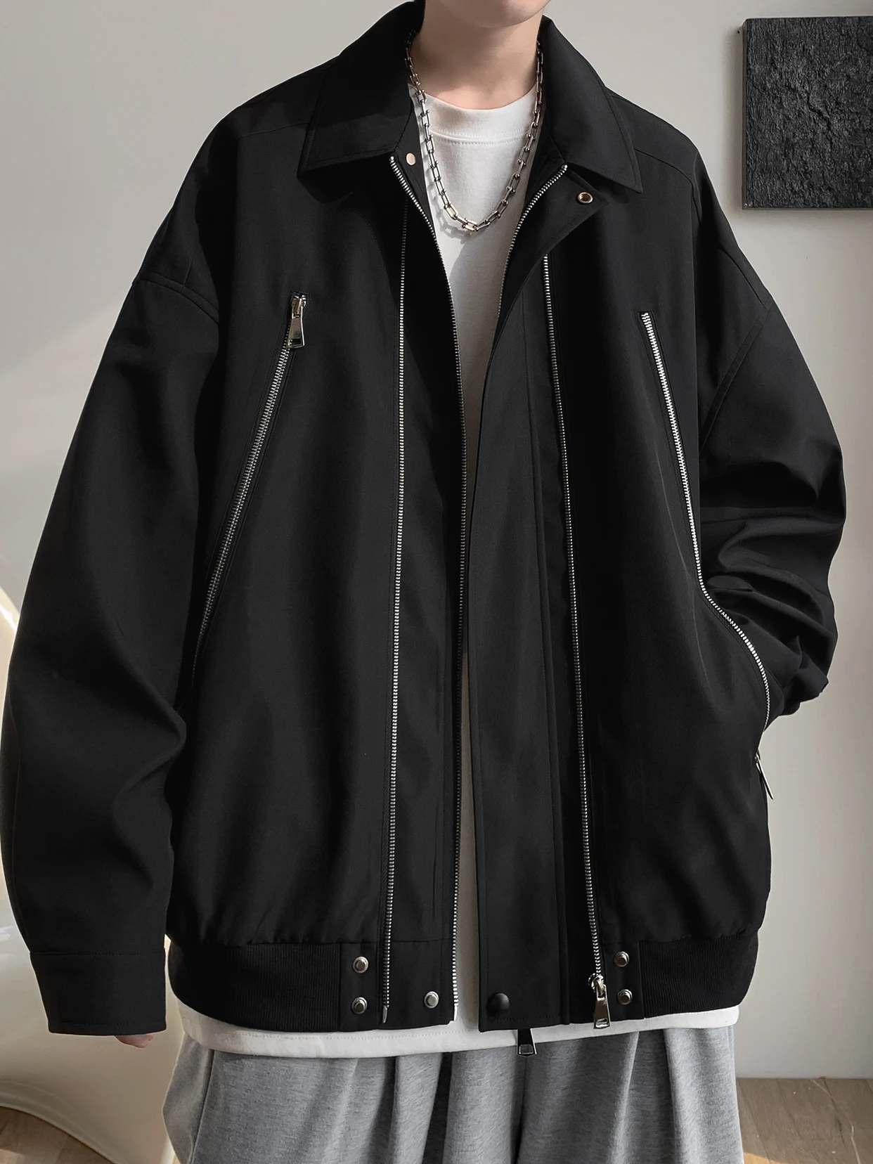 

Мужская рабочая одежда Jaet, свободная посадка, украшенная молнией, однотонная, простая, весенне-осенняя повседневная верхняя одежда, универсальное верхнее пальто