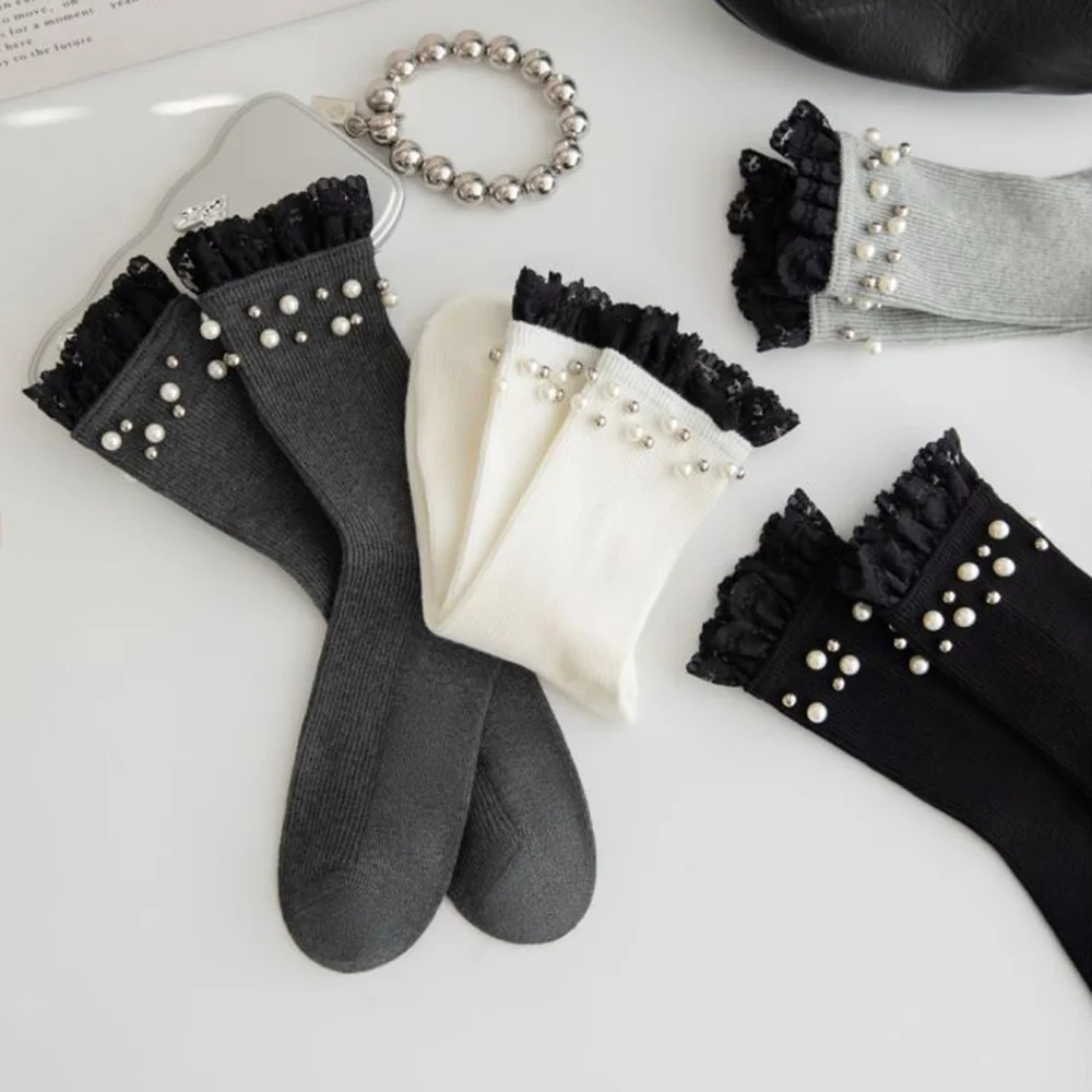 Streetwear Accessories Street Socks Woman Fashion Pearl Decoration Long Socks Cute Contrast Lace Home Korean Style Women Socks