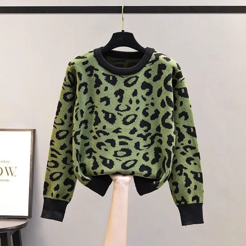 Women's Clothing Loose Pullovers O-neck Long Sleeve Leopard Printing Sweaters Loose Casual Streetwear Undercoat Office Lady