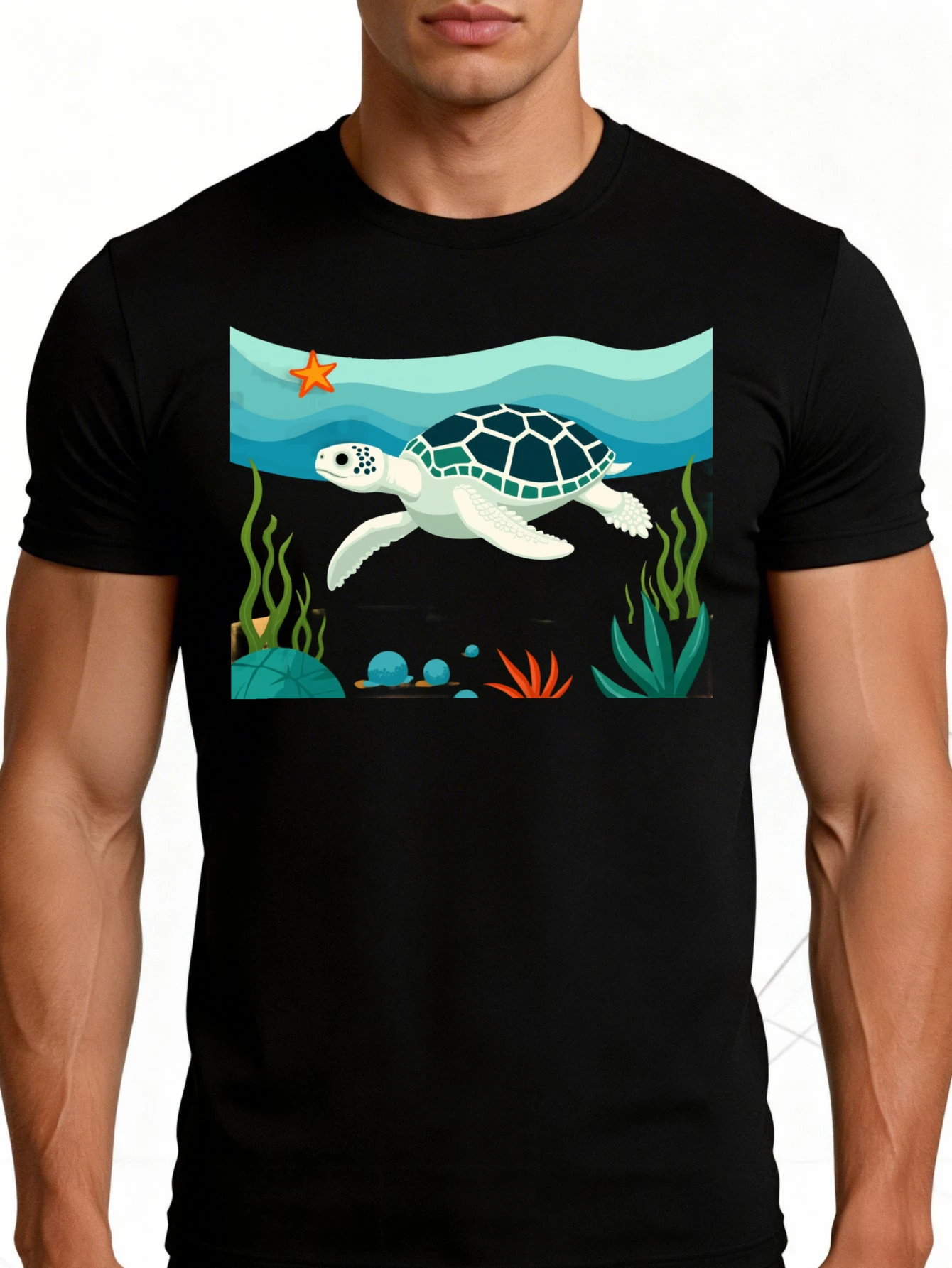 Men's Graphic T-Shirt - Breathable, Soft, Lightweight - Sea Turtle Underwater Scene - Vintage Fun Pattern Casual Short Sleeve Summer Top, Gift for Him