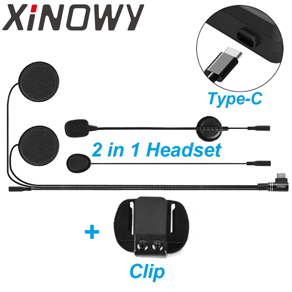 Type-C USB-C for Xinowy V6 PLUS 2 in 1 Earphone Headset + Mounting Clip Glue Base for Teleheer Motorcycle Helmet Intercom