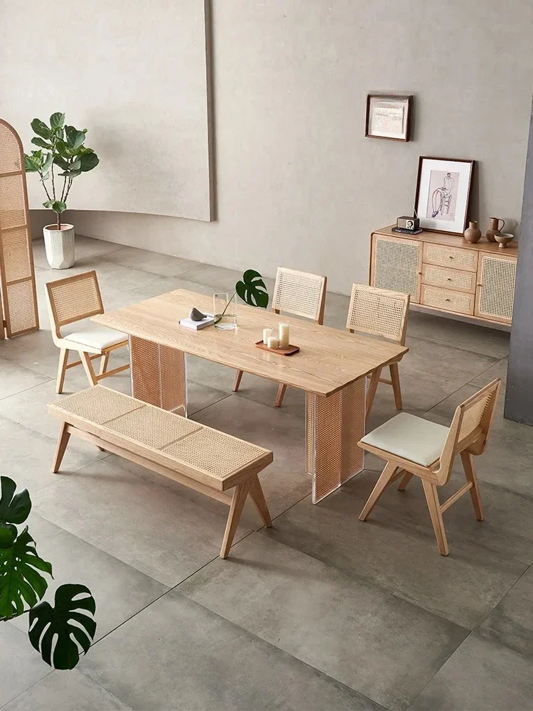 Nordic Solid Wood Rattan Home Dining Tables and Chairs Set Southeast Asian Ash Small Apartment Rice Table