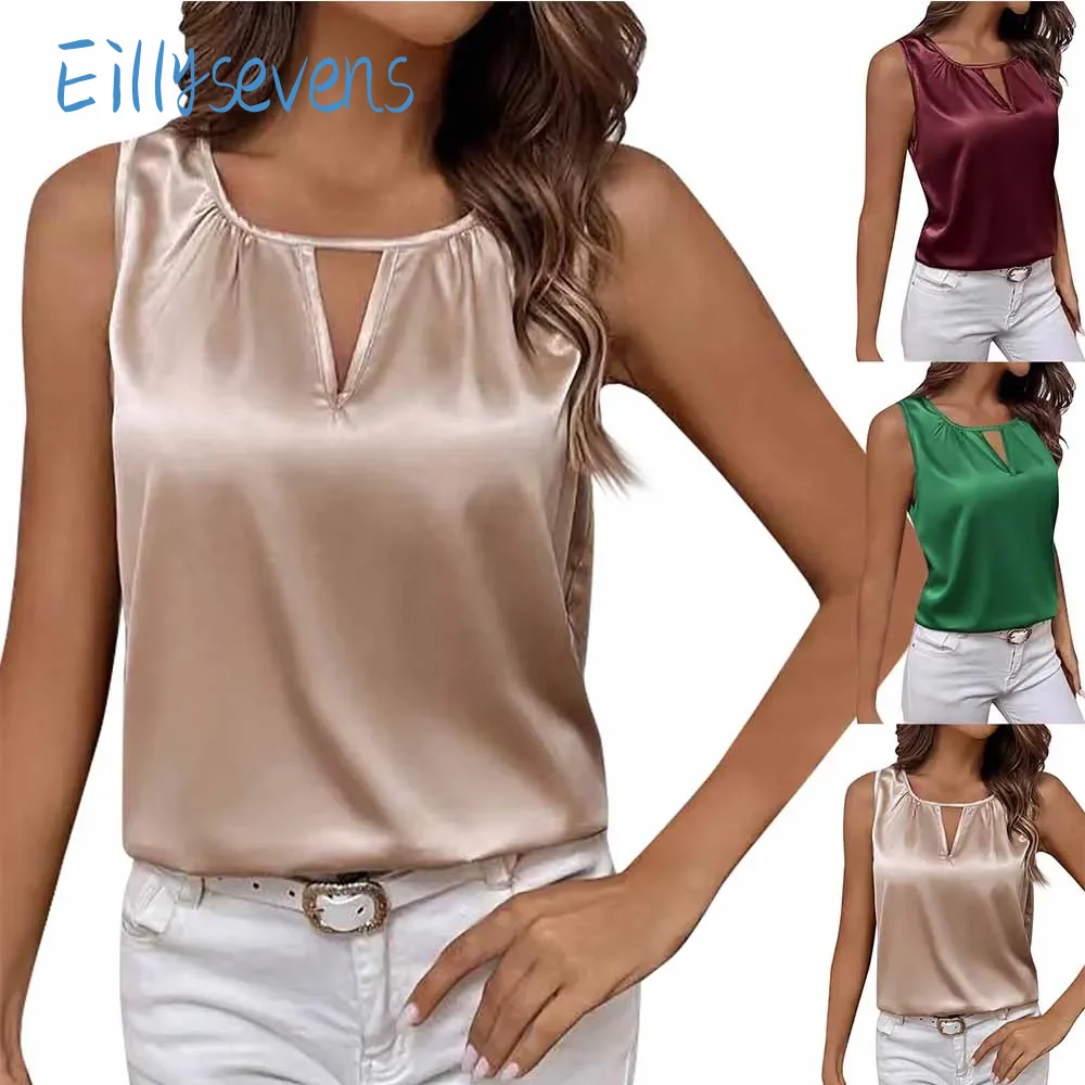 Women'S Satin Vest Tops Fashiona Comfortable Lightweight Tank Tops Causal Classic Solid Round Neck Hollow Daily All-Match Tops