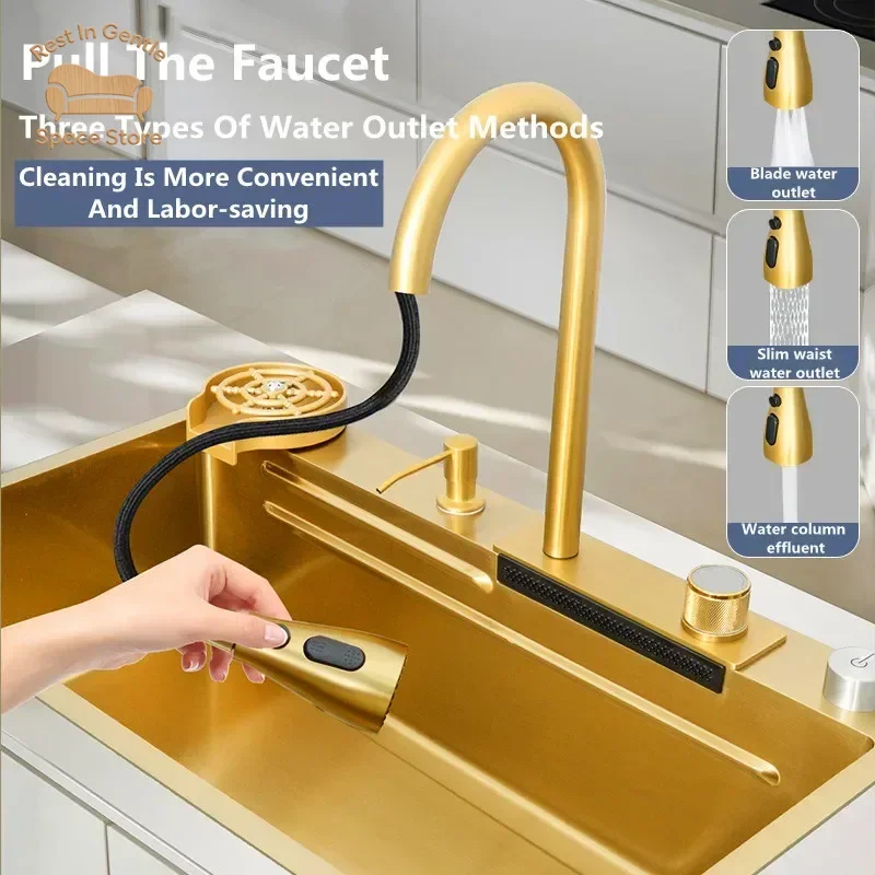 Gold 304 Stainless Steel kitchen Waterfall Sink,Washing Basin,Large Single Slot Sink Crockery Drainer Gourmet Faucet kitchen