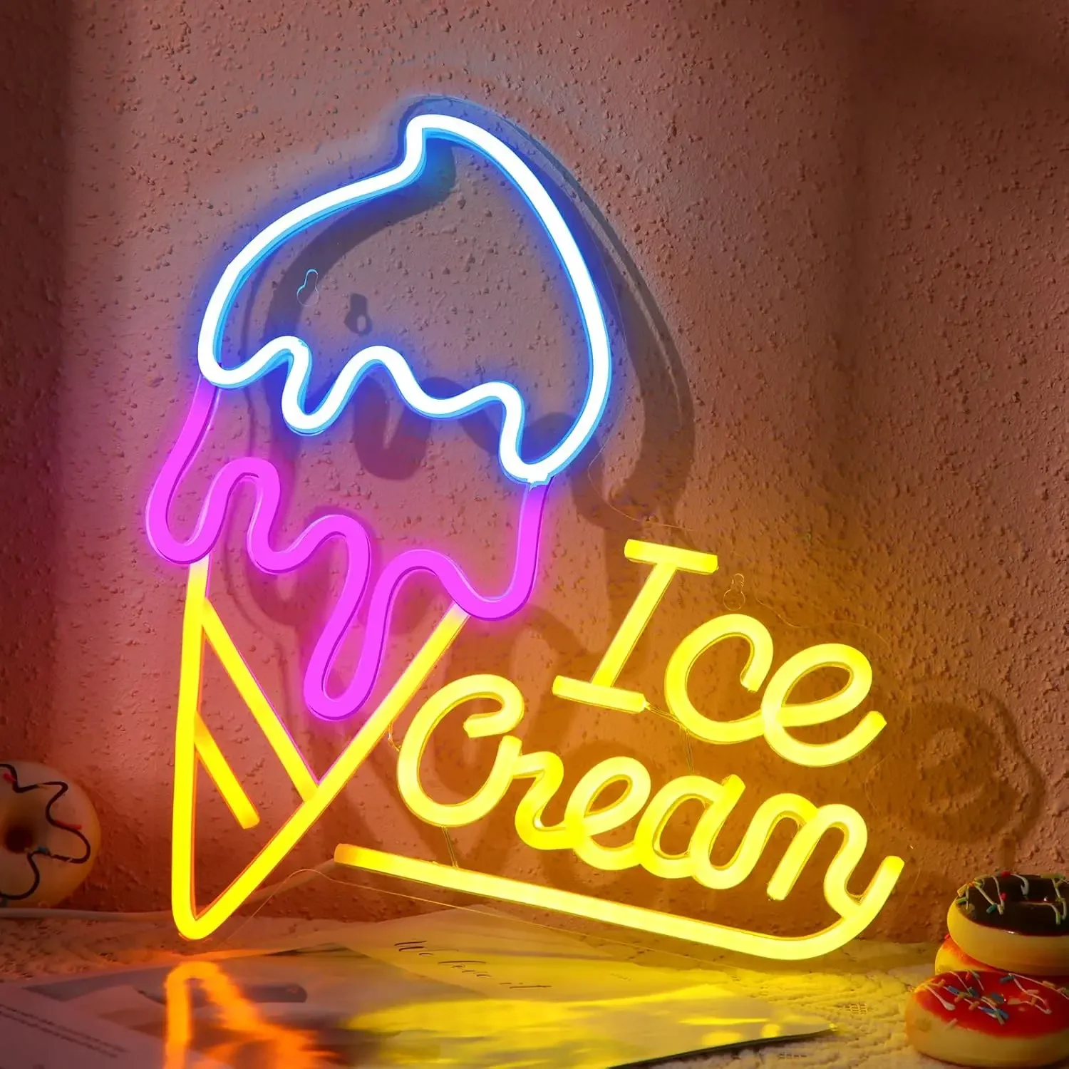 Ice Cream Neon Sign LED Wall Art USB Powered Acrylic Cone Glow Lamp Dessert Shop Cafe Bar Party Decor Kids Room Hanging Light