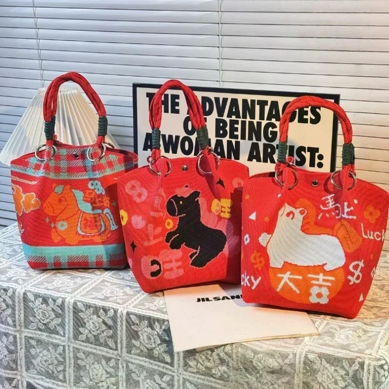 

2026 Horse Year Cartoon Mascot Pony Knitted Bucket Bag For Women Fashion Large Capacity Portable Handbag New Year Gift Bag