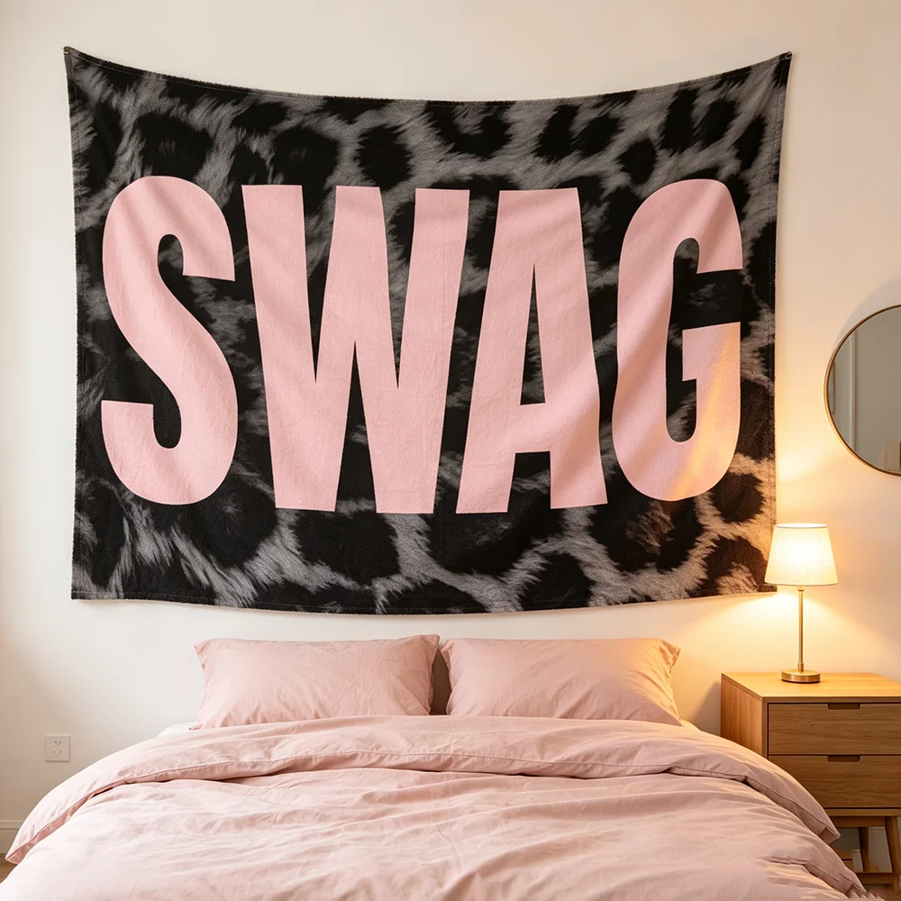 Swag Leopard Print Tapestry Wall Hanging, Cheetah Pattern Wall Tapestry, Pink Bold Letter Aesthetic Wall Art Tapestry for Bedroom Dorm Room Decor high‑definition printing trendy aesthetic premium polyester soft lightweight fabric skin‑friendly