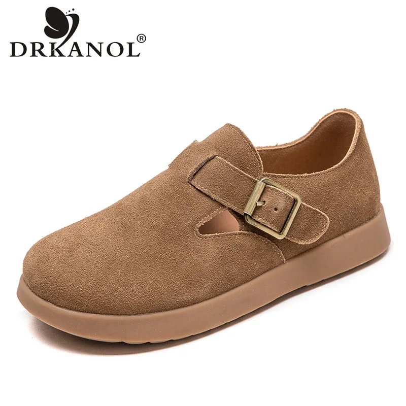 

DRKANOL 2025 Women Flat Shoes High Quality Cow Suede Leather Round Toe Casual Loafers Retro Literary Style Comfort Women Shoes