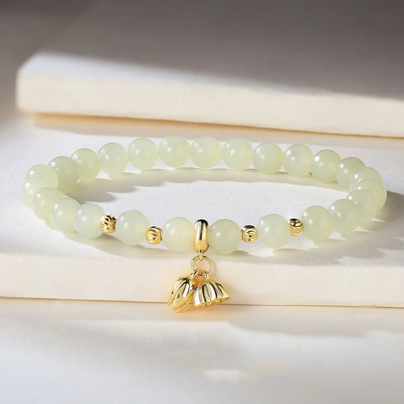 

Lotus Natural Hetian Jade Luxury Hand String Exquisite Stacked White Round Beads Jewelry Pendant Tassel Bracelet