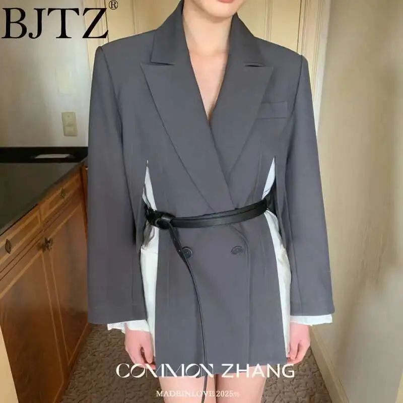 

BJTZ Design Sense 2025 Spring New Button Lapel Fashion Women's Suit Belt Decoration Waist Splicing Color Blazer Casual Woman