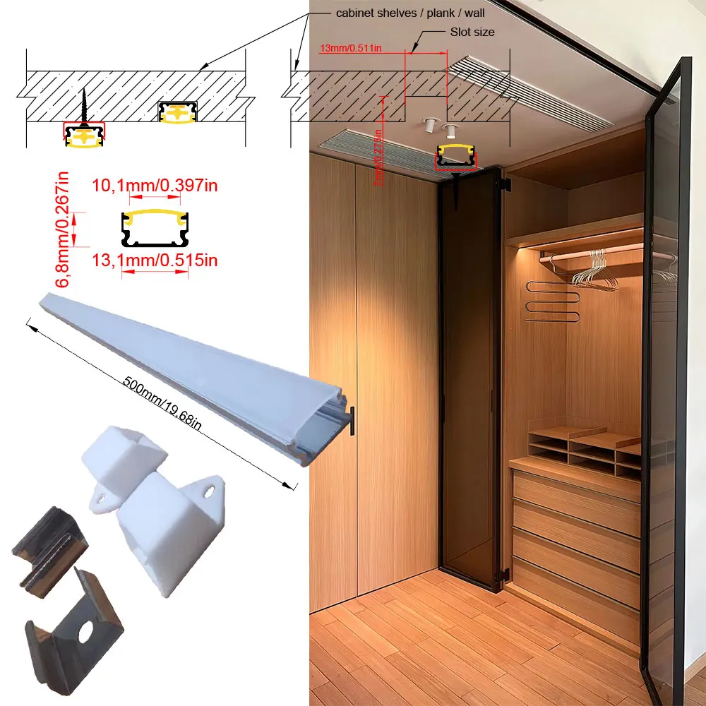 

13*7mm 5pcs 0.5m Flush-mounted LED aluminum profile light strip suitable for cabinets wardrobes wine cabinets bookcases