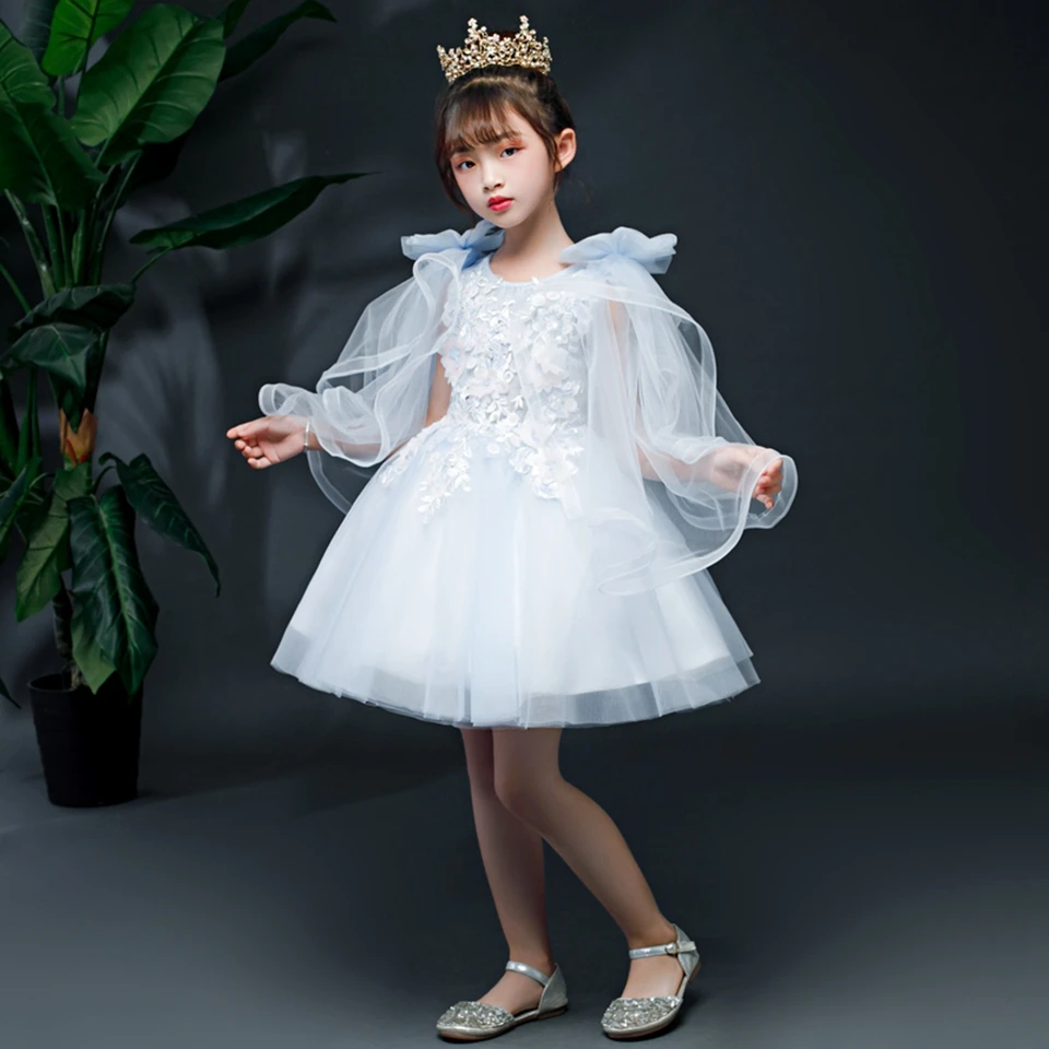 Light Blue Tulle Appliques Mini Flower Girl Dresses For Weddings Long Sleeves With Bow Todder Pageant Kids First Communion Gowns