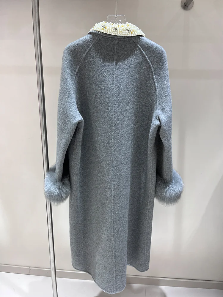 New Fashion Winter Women's Real Natural Fox Fur  Wool Coat Warm Jacket Fox Fur Cuffs Luxury Thick Female Coat