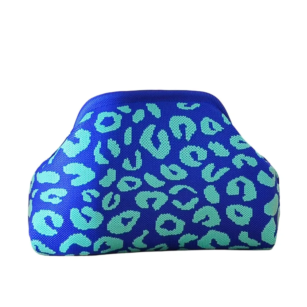Fashion Polyester Clutch Bag Knitted Fabric Leopard Print Clip Bag Clip Closure Large Capacity Cosmetic Bag Daily