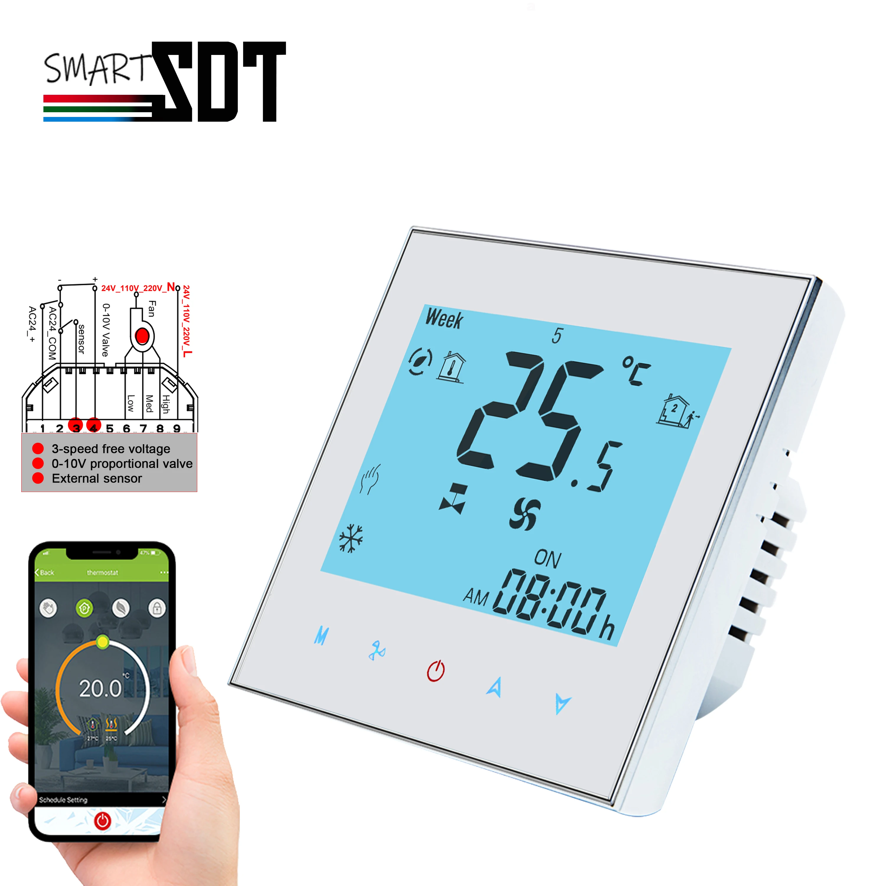 Imagem -03 - Termostato Ventilador de Contato Seco 010v Válvula para Sensores Duplos Wifi de Trabalho Rs485 e Modbus para Ajustar o Calor de Refrigeração ar Condicionado 24v