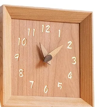 

Small square clock with lamp, real wood creative cute living room, children's room wall, decorative clock