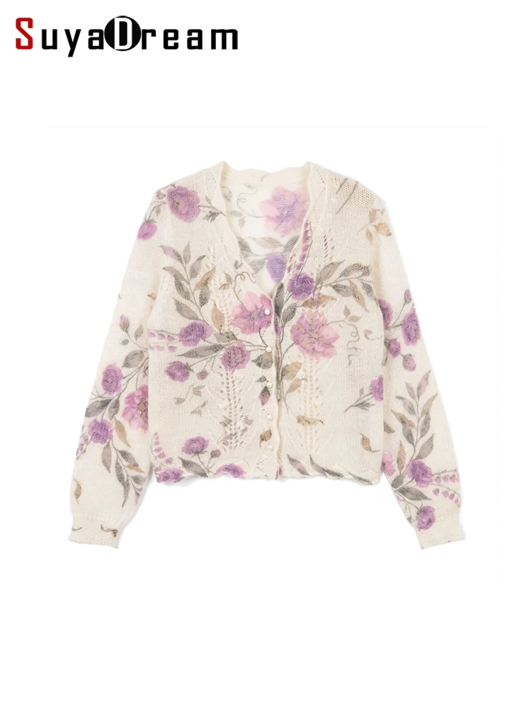 SuyaDream, Ombre Floral Print Mohair Cardigan V‑Neck Hollow Crochet Pearl Buttons Women 2026 Autumn Winter Knit Outer Sweater