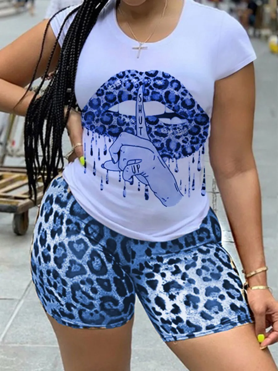 LW Plus Size Summer Women Short Sleeve O-Neck Tee Tops+Pencil Shorts SuitsStreet Poker Letter Print Red Two-piece Shorts Set