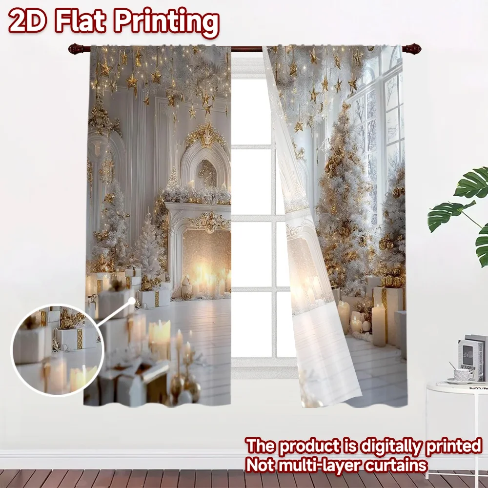 2D flat 2pcs Curtain Country Style Christmas White Gold Room Digitally printed polyester, colorfast Festive Curtains Perfect for
