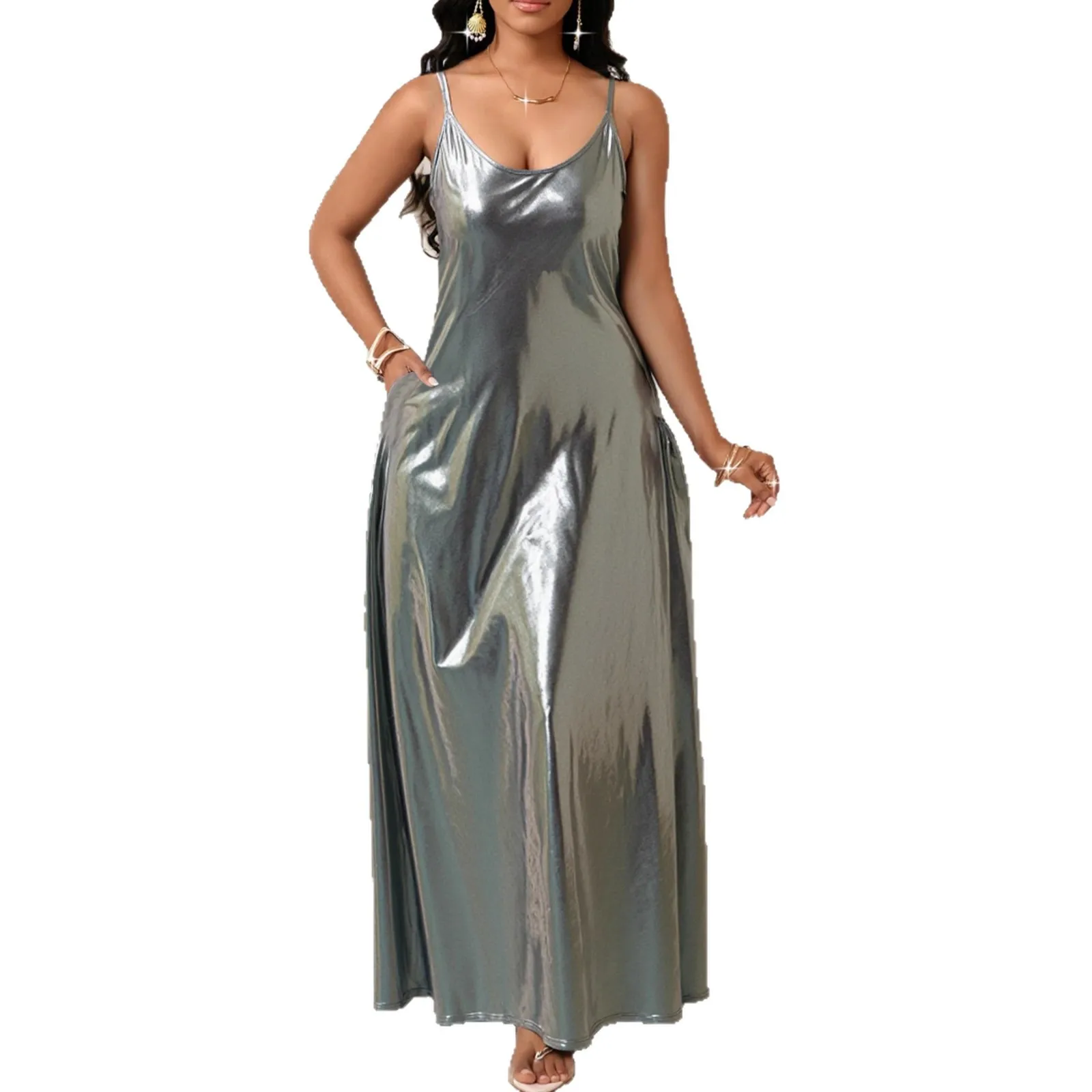 S-5XL Plus-Size-Kleider für Damen, Frühling, Sommer, 2026, modisch, ärmellos, Polyester, Grau, Rot, Blau, Grün, lange Maxikleider, Outfits