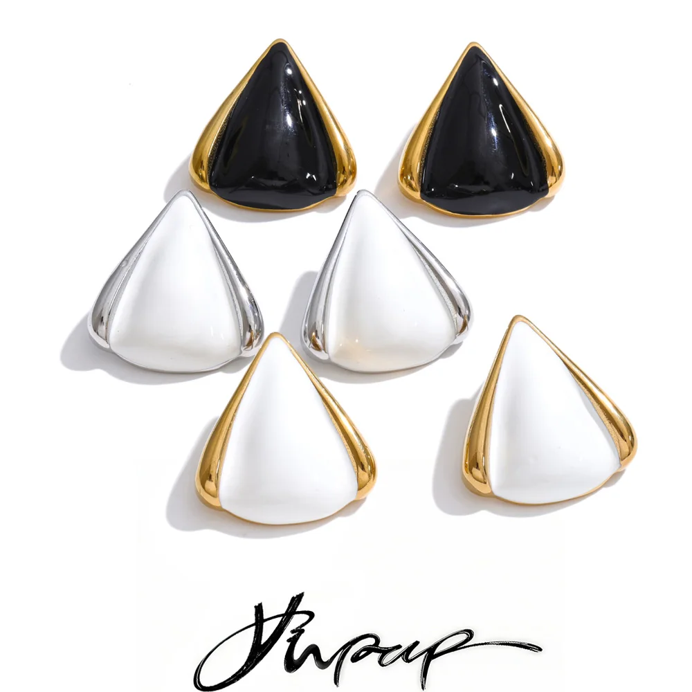 Kolczyki sztyfty Yhpup, czarno-białe, imitacja perły, trójkątne, wodoodporne, pozłacane i platerowane platyną metodą PVD, ze stali nierdzewnej, modna biżuteria.