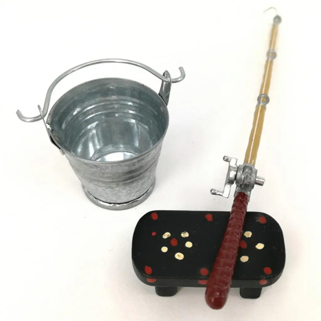 1 12 Scale Dollhouse Miniature Bucket Fishing Rod Bench Alloy Decor Modern Accessories for Dollhouse Garden Scene