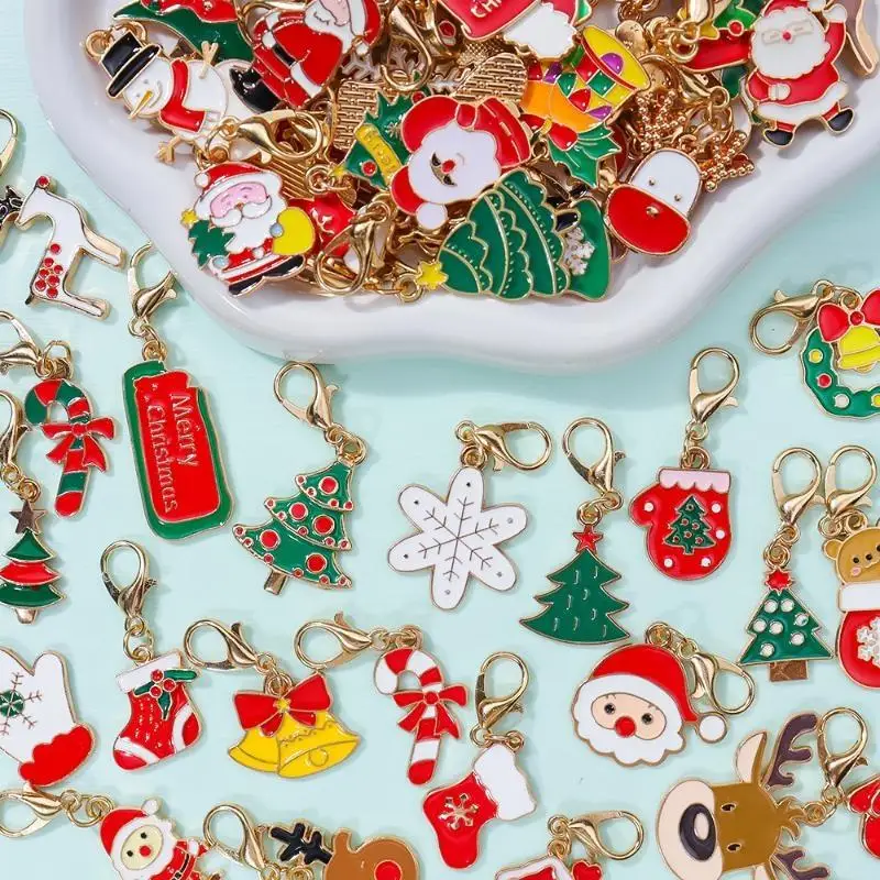 10Pcs Mixed Christmas Theme Keychains Clip-on Pendant Xmas DIY Making Pendants Necklaces Earrings Bracelets Handmade Jewelry