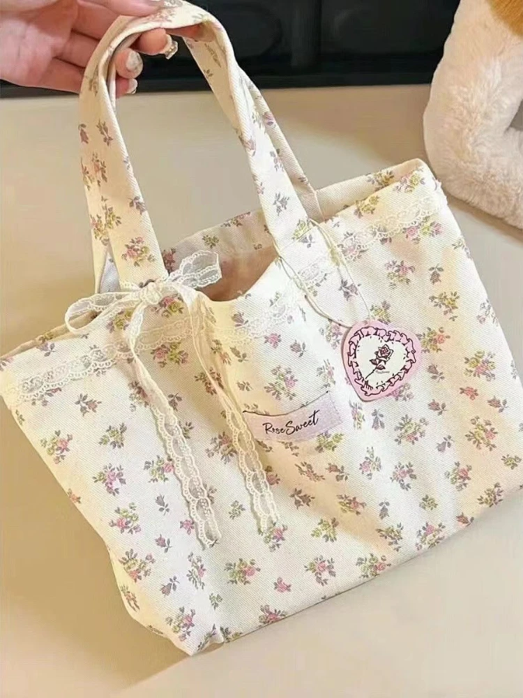 Canvas Tote Bags Women Floral Sweet Students Commuter Korean Fashion Handbags College Bolsas Designed All-match Shoulder Bag