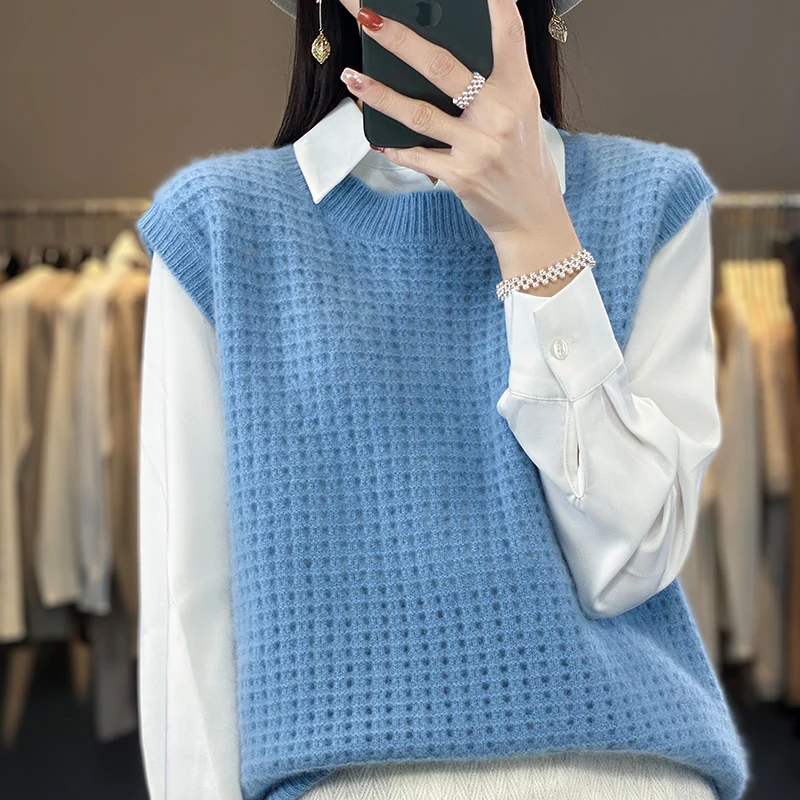 2023 autumn and winter new round neck hollow mesh cashmere vest female Korean version loose sleeveless wool knit vest top