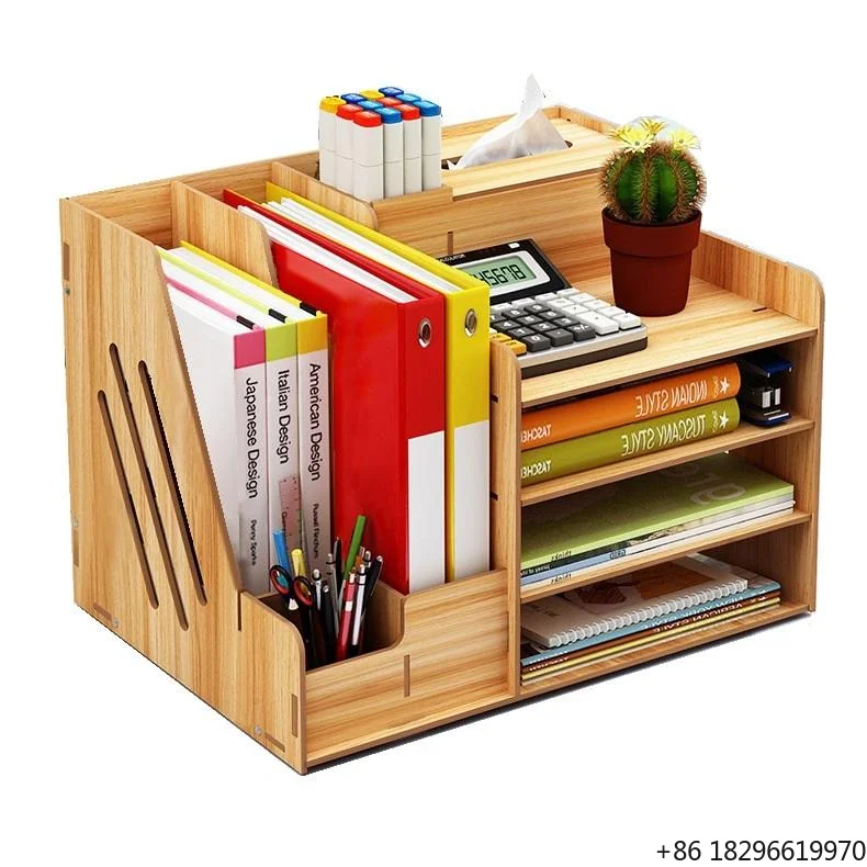 Wooden Office/Living Room Supply Desk Organizer 3 Compartments Four Layers Rectangle Multifunction Letter Tray Phone Stand