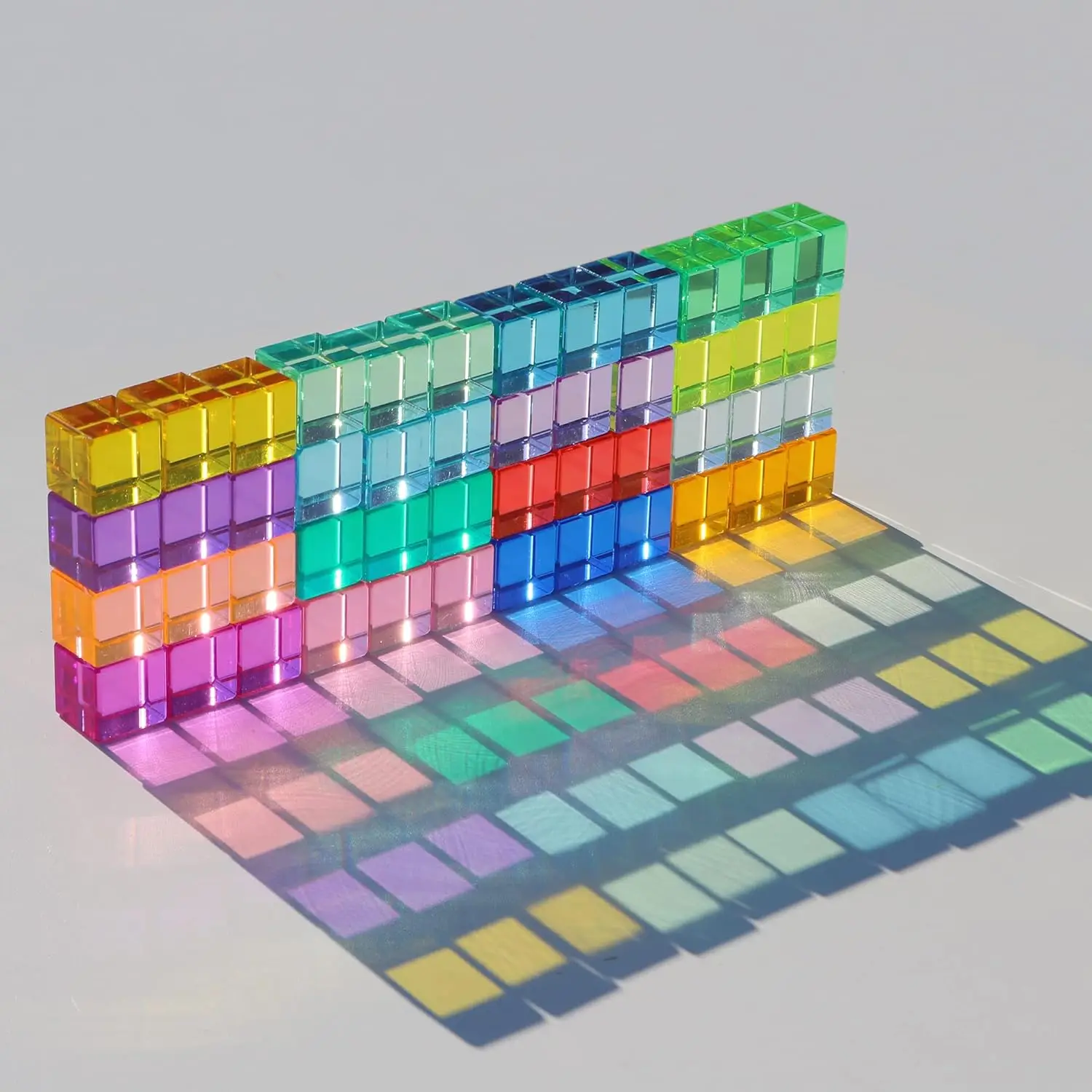 Rainbow Crystal Acrylic Cubes Children Learning Color Light Shadow Toy, Stacking Gem Blocks Sensory Building Blocks for Kids(48P