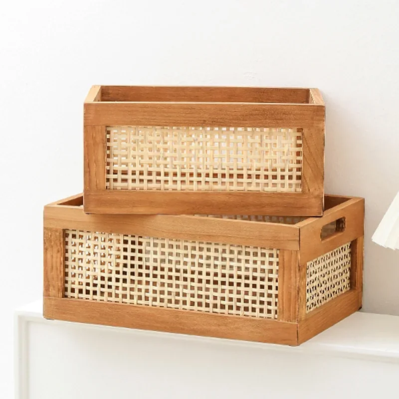 

Vintage Solid Wood Storage Basket Bamboo Storage Box Desktop Toys Books Home Organization and Storage