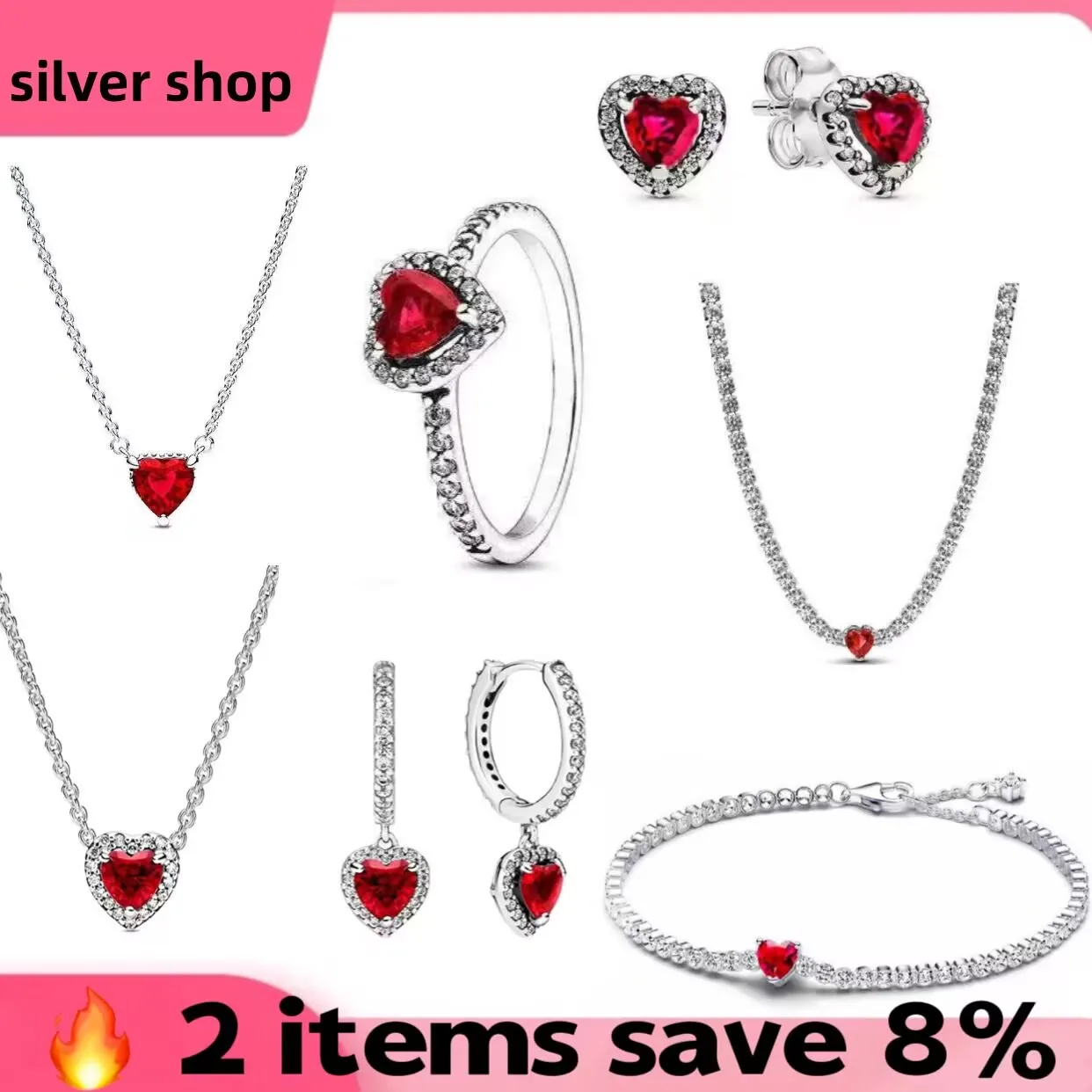 

Fashion 100% Sterling Silver Exquisite Red Love Zircon Necklace Stud Earrings Bracelet Original Accessories Women's Jewelry Gift