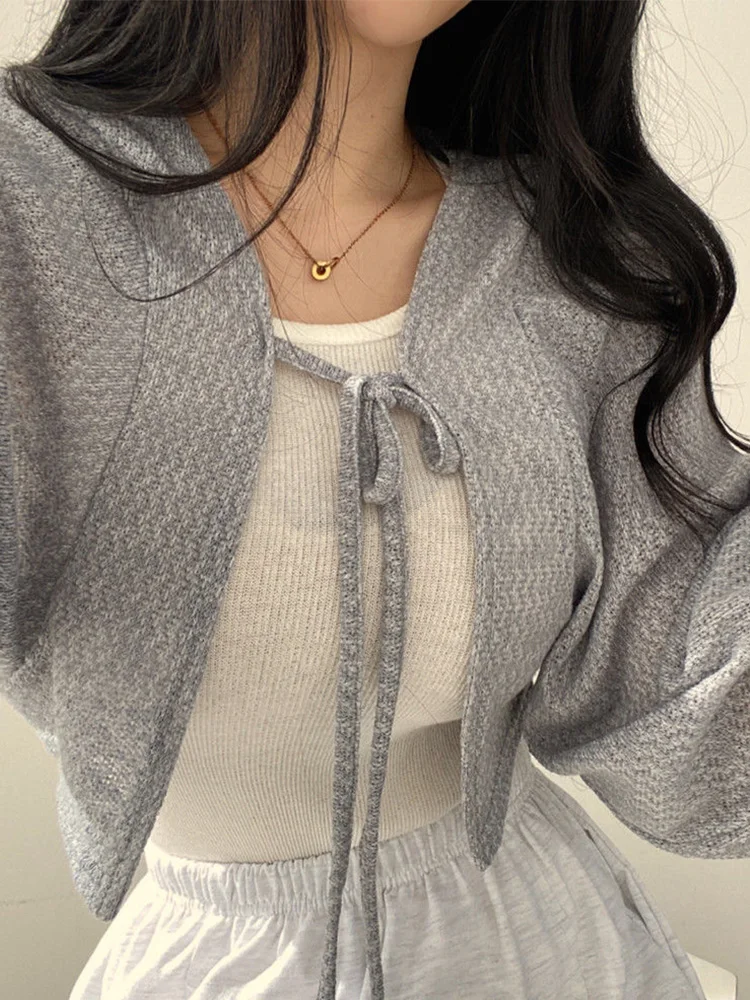 Thin White Cardigan Women Summer Sunscreen Lace-up Knitwear Tops Lady Korean Style Casual Lantern Sleeve Short Sun Protected Top