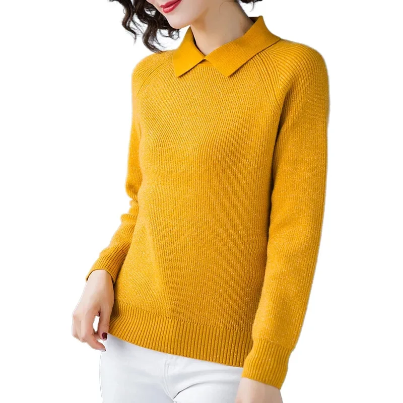 

Doll Collar Sweater Woman Pullover 2022 Autumn Winter New Female Lapel Top Loose Long Sleeved Bright Silk Knitted Sweater