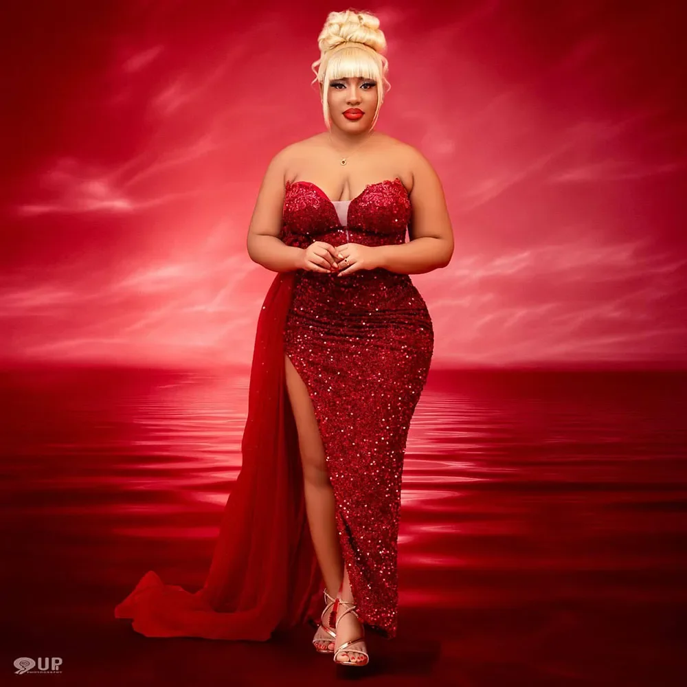 Customized Attractive Red Sequined Evening Dresses For African Girls Sweetheart Long Mermaid Prom Dress African Party Gowns