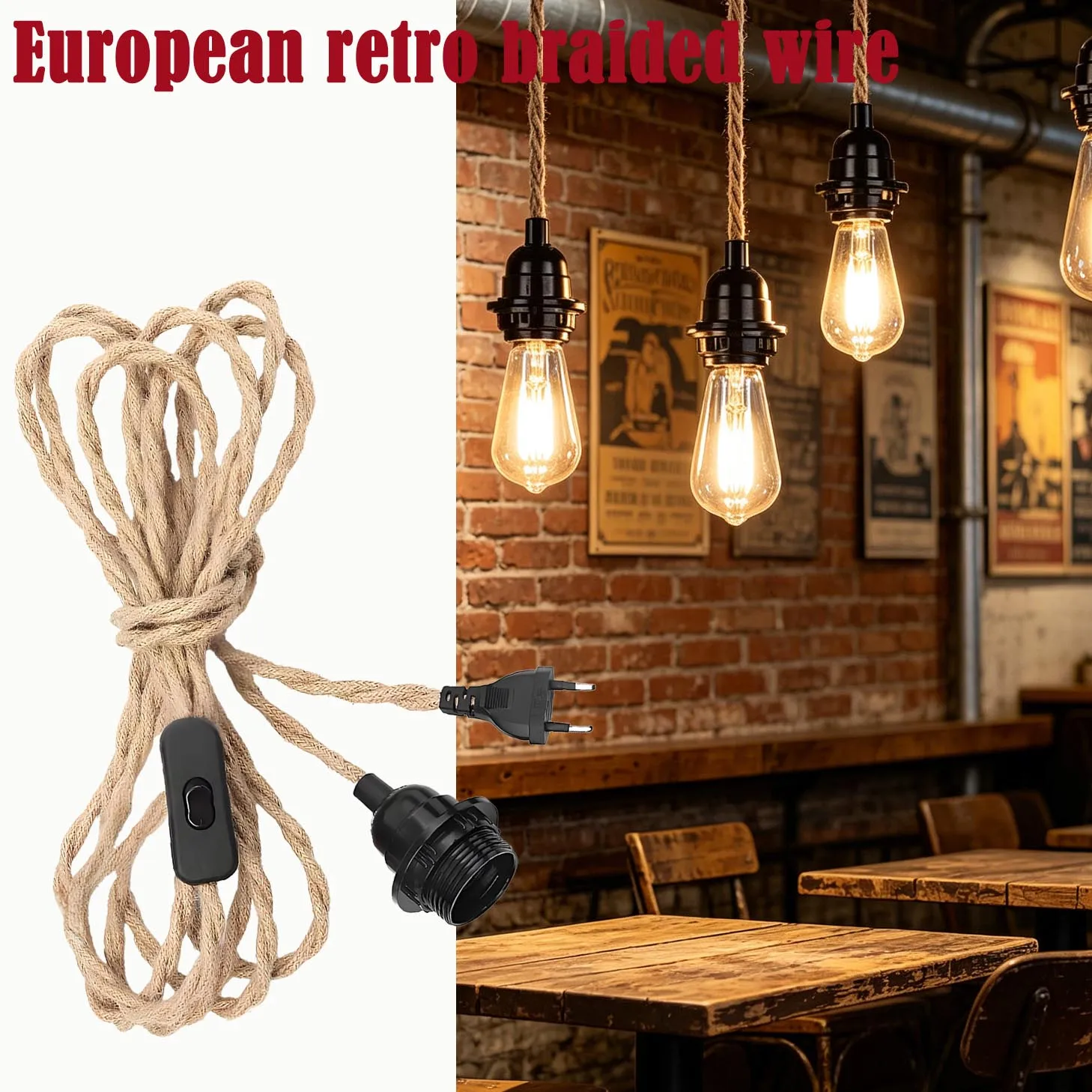 Retro Rope E27 Switched Plug Lamp Cord Industrial DIY Pendant Light Cable Hanging Lamp Cord