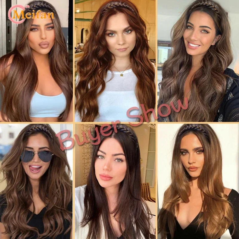 MEIFAN Synthetic Long Water Wavy Headband Wig Clip in Hair Extension Fluffy Natural Half Wig Daily Straight Wig With HairBand E