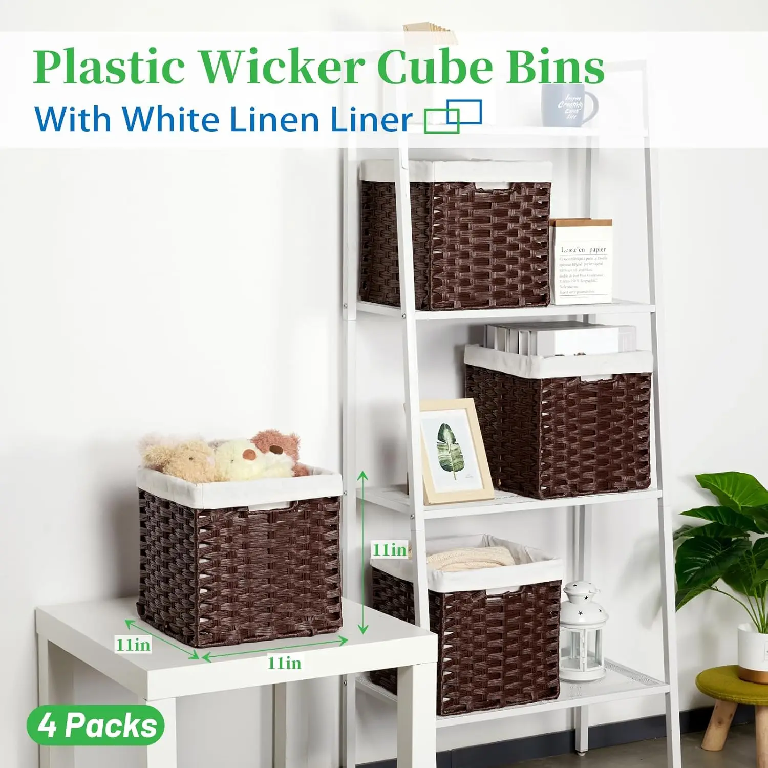 Wicker Cube Storage Bins with Liners 11x11 inch Woven Baskets for Organizing 4-Pack Waterproof Imitation Rattan Woven