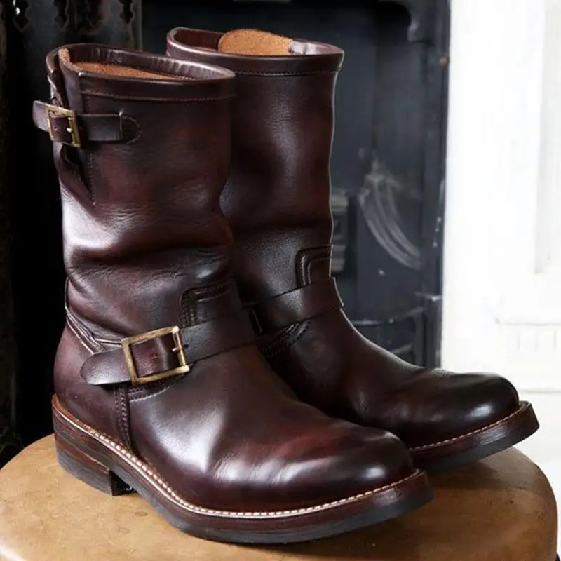 Retro Outdoor Western Cowboy Stiefel Mittelhoch Rund Mittelalterliche Motorradstiefel für Herren Trendige PU-Leder Schnallenstiefel – Detail 2
