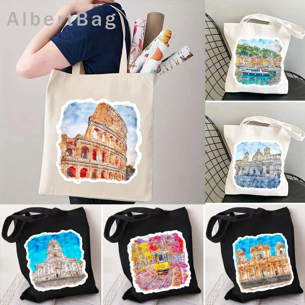 

Pisa Milan Vatican Duomo Colosseum Rome Italy Burano Lazio Positano Watercolor Painting Reusable Grocery Canvas Tote Bag Handbag