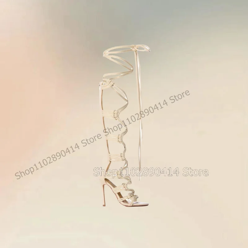 Beige Holle Design Strappy Touwsandalen Laarzen Rug Rits Vrouwen Schoenen Dunne Hoge Hakken Fashion Party 2024 Zapatos Para Mujere