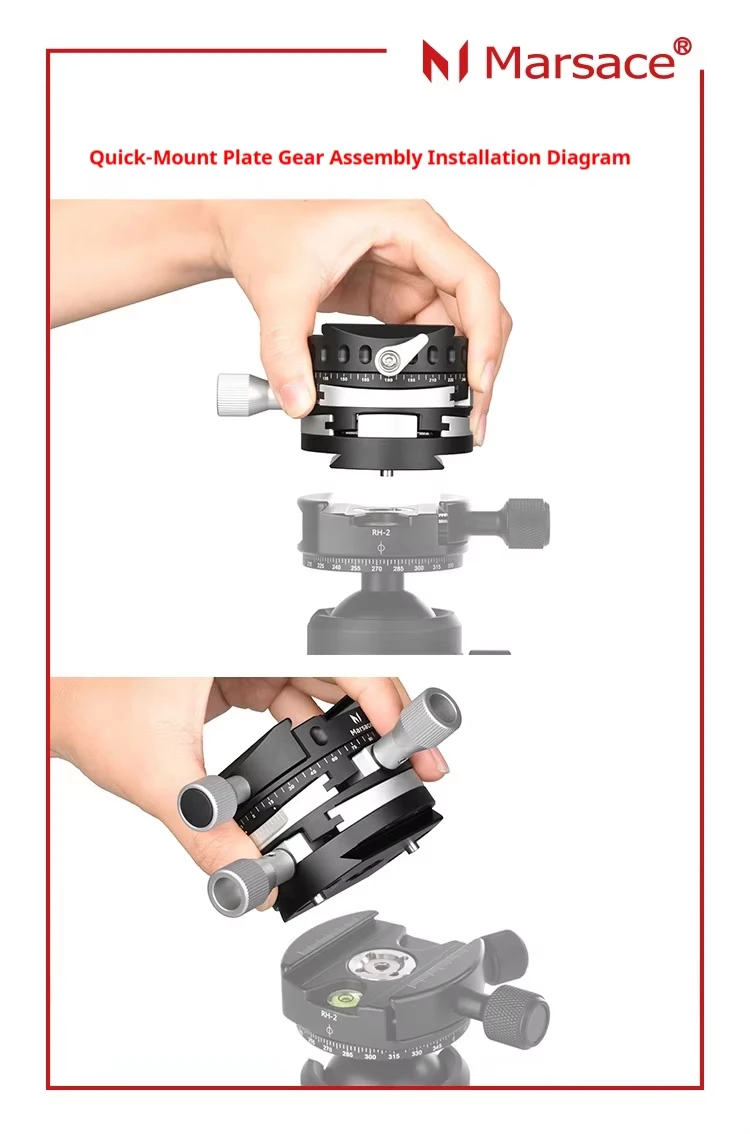 Marsace DW-4 Panorama-Stativkopf mit Getriebe, Arca QR, Wasserwaage, präzise Einstellung für Canon, Sony, Nikon, Fuji, DSLR, spiegellose Kameras, Stativ, Einbeinstativ – Detail 11