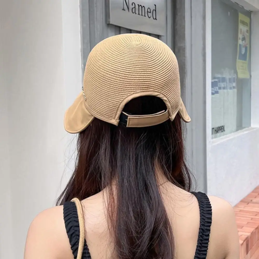 Fashion Summer Women Bucket Hat Stitching Sunscreen Straw Sunshade Cap Foldable Wide Brim Panama Cap Ponytail Baseball Caps