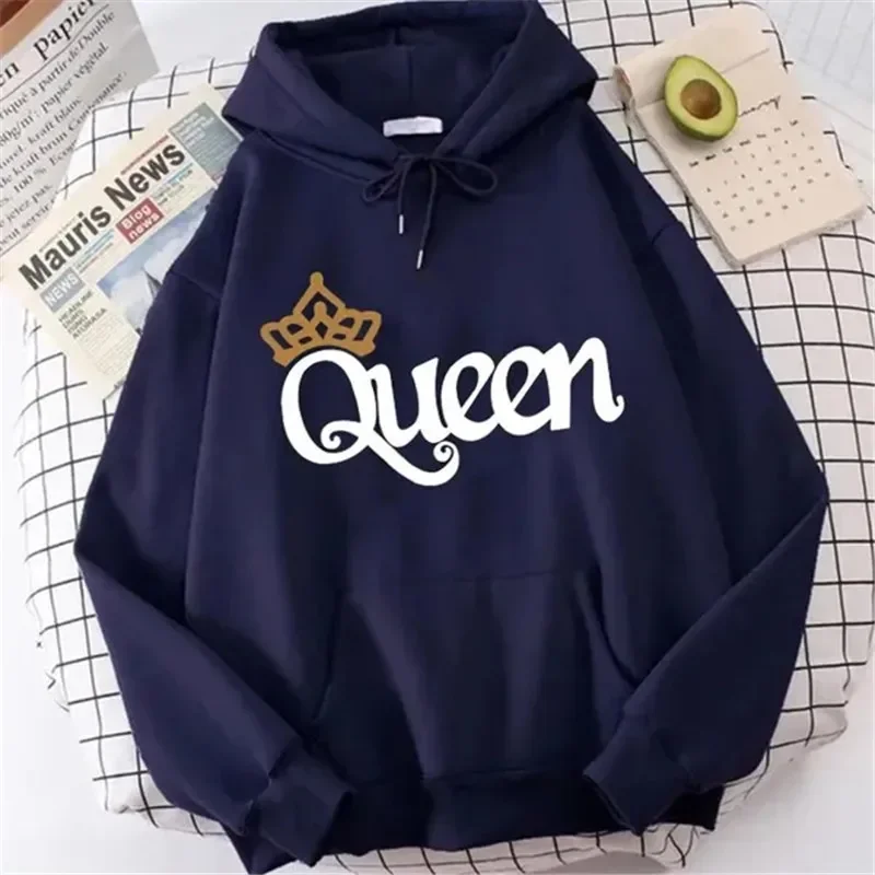 Women QUEEN Print Hoodies Autumn Fleece Hooded Sweatshirts Casual Sport Pullover Tops Outer Wear S-4XL