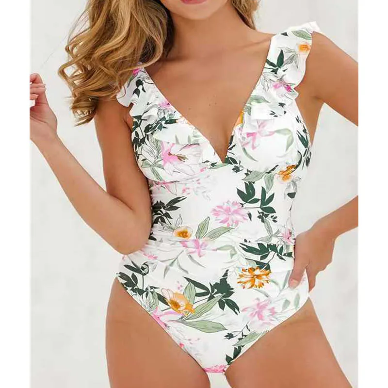Bikini de una pieza con volantes para mujer, traje de baño Sexy con estampado de flores y cuello en V grande, ropa de playa ajustada para verano 2025